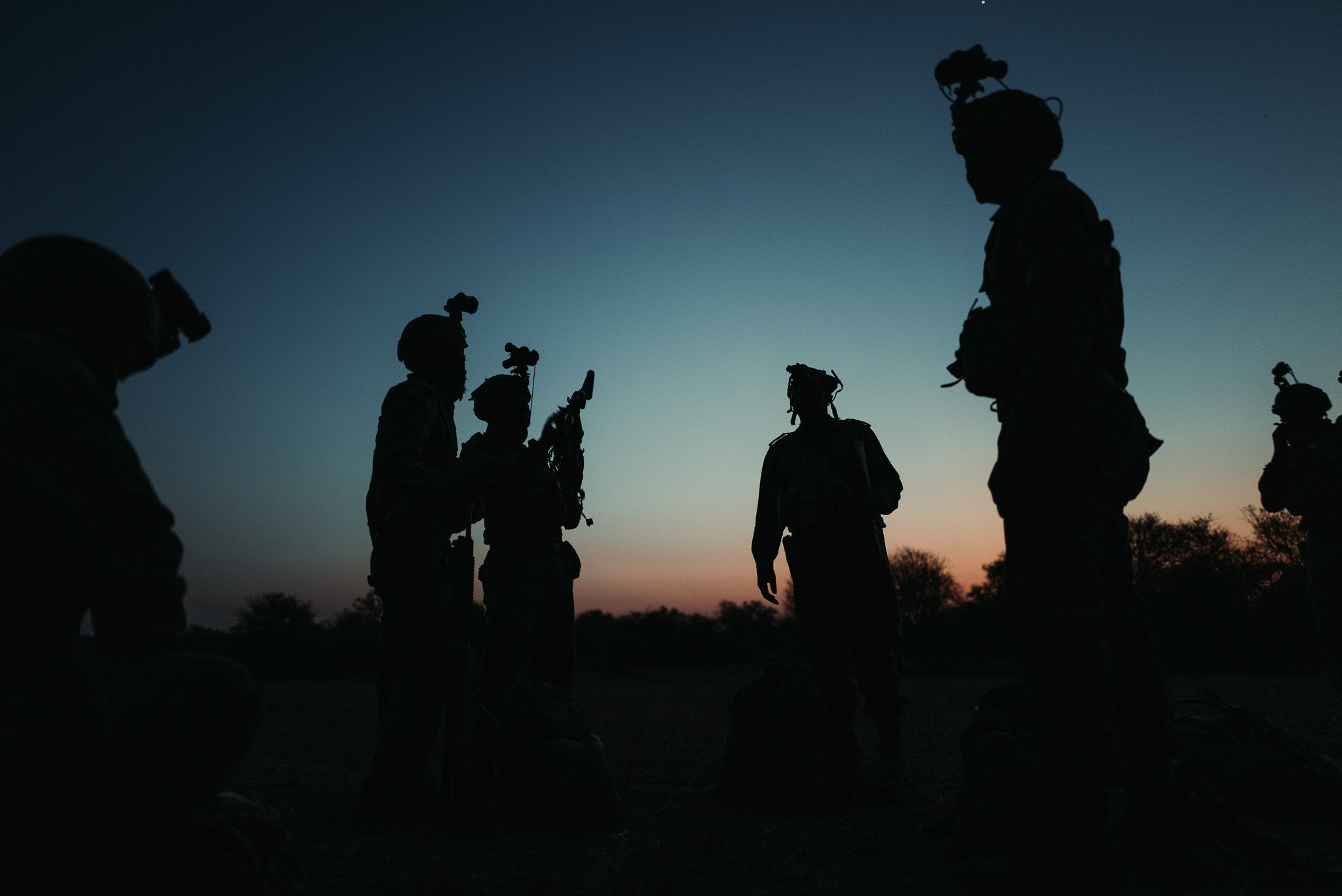 Eco Defense Group team silhouetted at dusk in the field